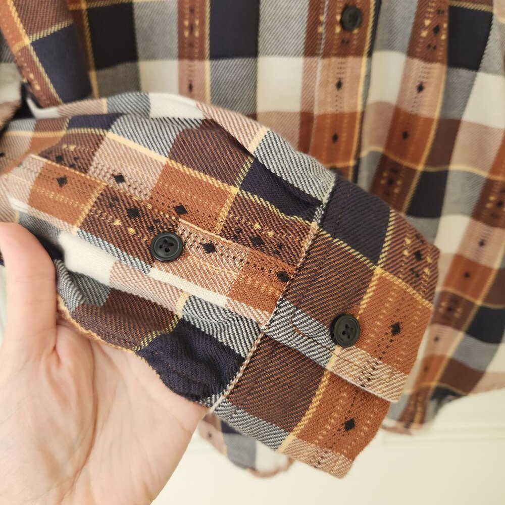 Frye Button Down Flannel Shirt Jacquard Brown Plaid Business Casual Western - Picture 5 of 11